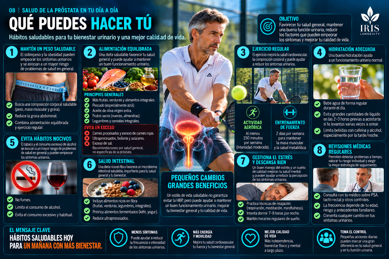 Infografía IRIS sobre hábitos, alimentación, ejercicio y salud prostática