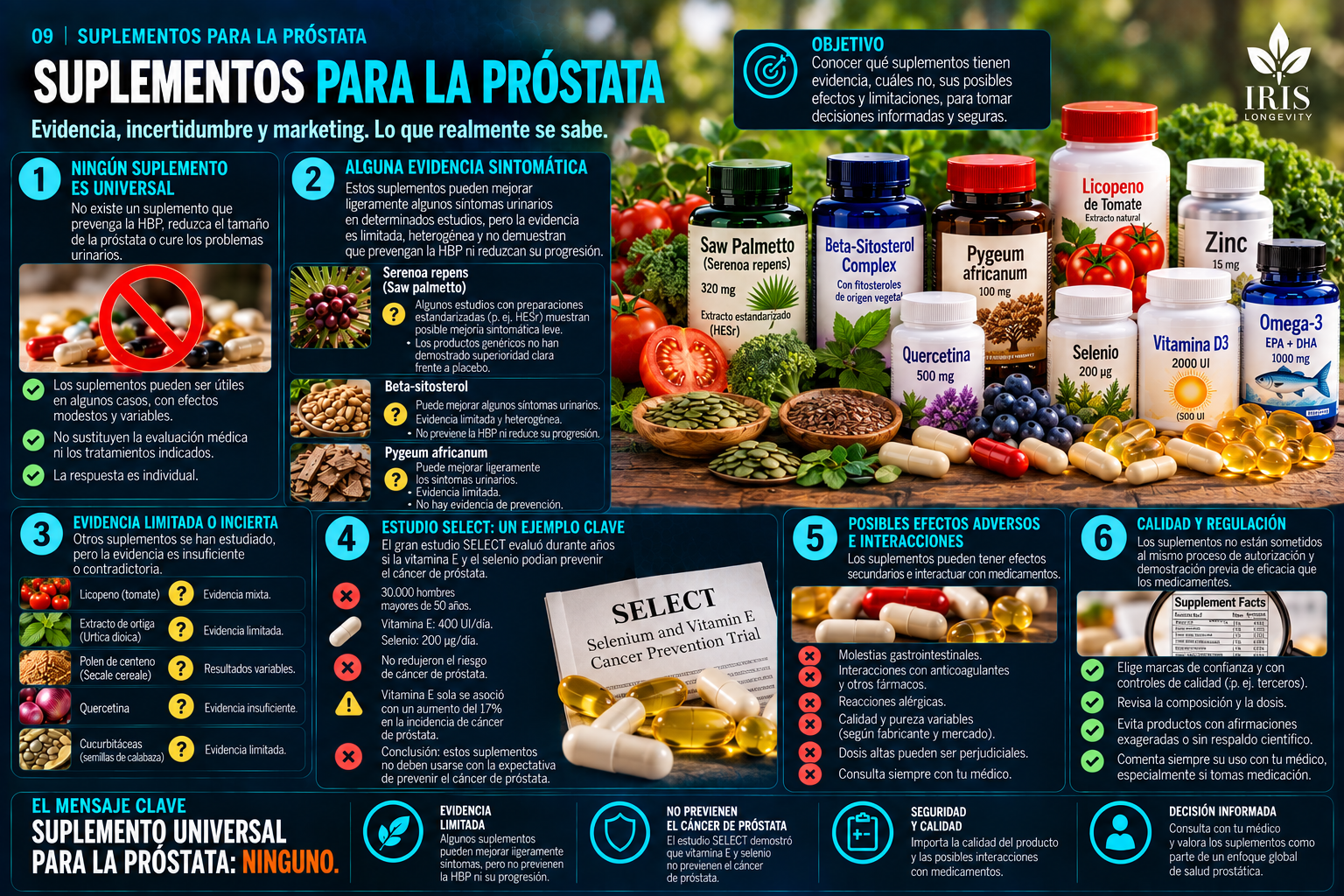 Infografía IRIS sobre suplementos para la próstata, evidencia, SELECT, seguridad y calidad